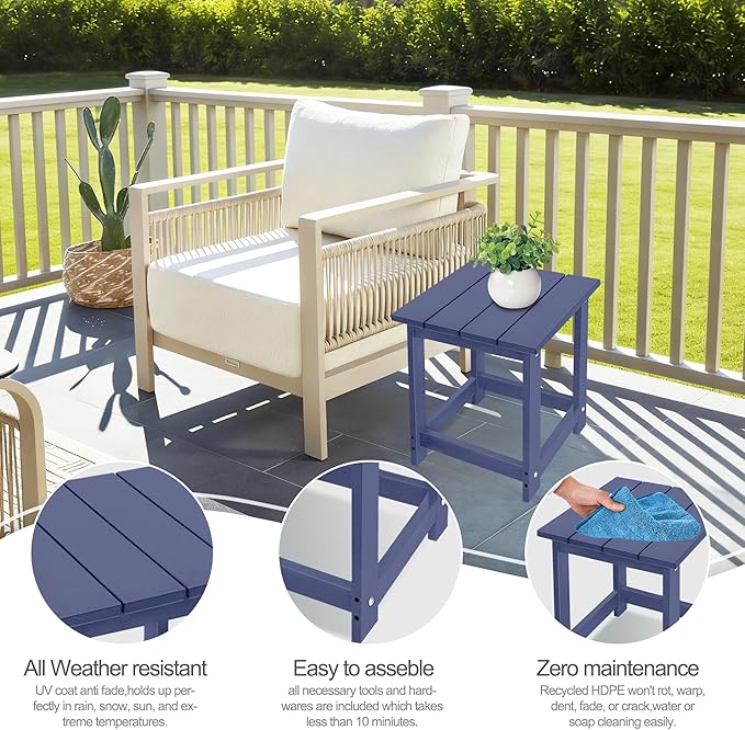 LZRS Square Patio Side Table, Heavy Duty HDPE Outdoor End Table with Wood Texture, Weatherproof Composite Table for Adirondack Chairs, Deck, Pool, Indoor/Outdoor, No Peeling or Cracking(Navy Blue)