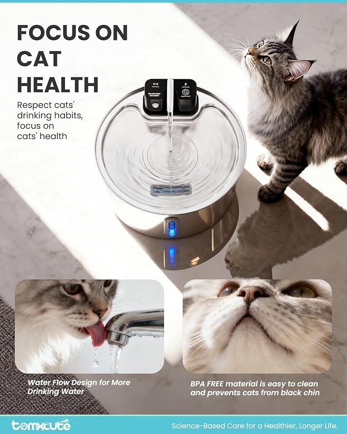 Wireless Cat Water Fountain - 108oz/3.2L Automatic Cat Water Fountain Cordless, Stainless Steel Battery Operated Pet Fountain Rechargeable Water Dispenser for Cats, Dogs, Multiple Pets