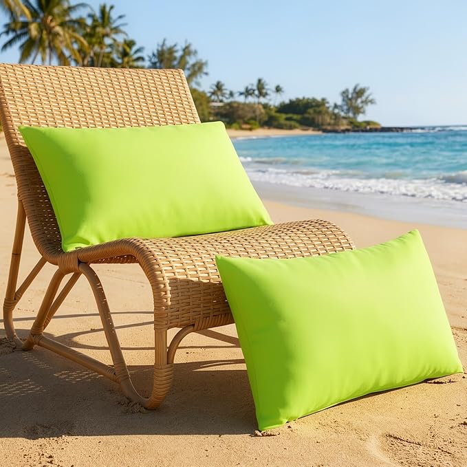 Lewondr Waterproof Outdoor Throw Pillow Cover, 2 Pack Solid PU Coating Lumbar Throw Pillow Case UV Protection Garden Cushion Cover for Patio Sofa Couch Balcony 12"x20"(30x50cm), Fluorescent Green