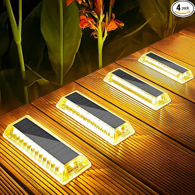 Lacasa Solar Deck Lights, Solar Lights Outdoor Waterproof IP68, 4 Pack Solar Powered Pathway Yard Driveway Step Landscape Light, LED Lighting 50LM for Garden Path Walkway Stair Patio, Warm White 2700K