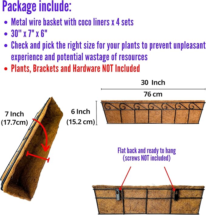 LaLaGreen Wall Mounted Planters - 30 Inch, 4 Pack Window Flower Boxes Basket Outdoor, Balcony Planter Over The Rail, Deck Railing Hanging with Coco Liners, Metal Horse Troughs Fence Patio Porch