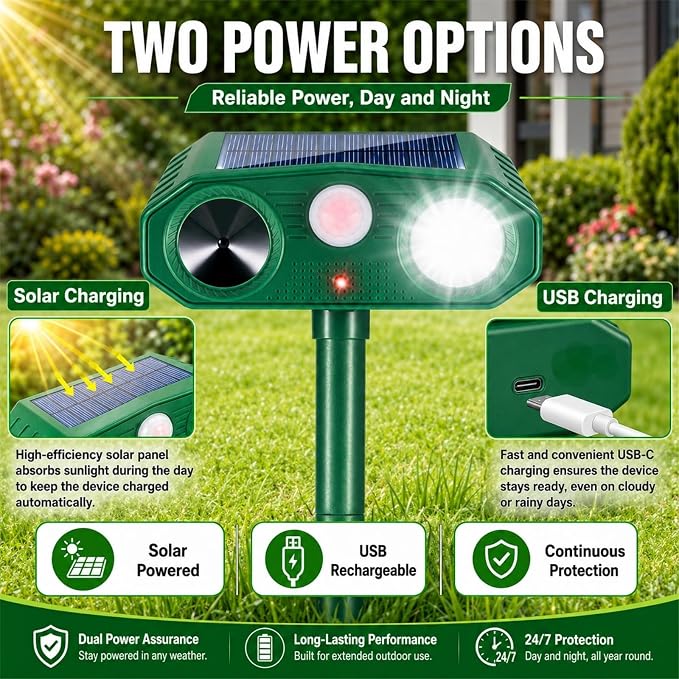 2 Pack Solar Animal Repellent Ultrasonic Outdoor for Cats Squirrels Racoons Rabbits Foxs Dogs Skunks,Sonic Fortress Pro Deer Repellent Devices Flashing Light Motion Sensor Animal Deterrent for Garden