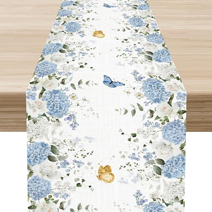Hydrangea Table Runner, Rustic Country Blue Floral Watercolor Spring Summer Seasonal Flower Retro Coffee Table Center Decor for Family Kitchen and Dining Party Farmhouse Table Decorations, 13"x90"