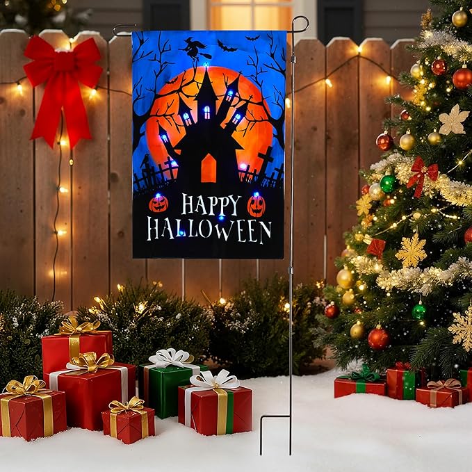 LED Christmas Haunted House Garden Flag Stake, Solar-Powered Double-Sided Outdoor Decor, Scary Yard Flag for Patio Lawn Thanksgiving Party Winter Holiday Decorations & Gifts