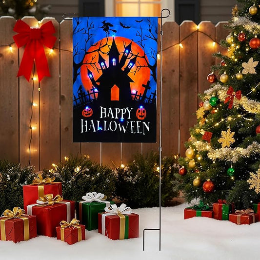 LED Christmas Haunted House Garden Flag Stake, Solar-Powered Double-Sided Outdoor Decor, Scary Yard Flag for Patio Lawn Thanksgiving Party Winter Holiday Decorations & Gifts