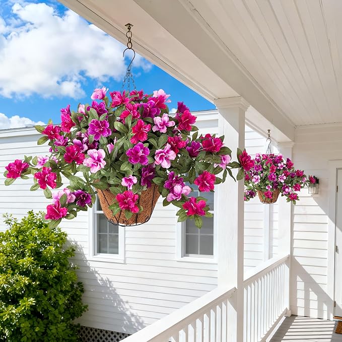 Ammyoo Artificial Hanging Flowers for Outdoors Hanging Baskets, 3 Pcs Fake Silk Flower with Hanging Baskets Planter for Spring Summer Garden Porch Patio Yard Outside Decor