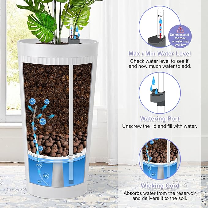 24in Tall Self-Watering Planters Set of 2, White | Water level indicator, Self-watering irrigation system, Non-toxic PP plastic, Weather Resistant, Indoor Outdoor Use