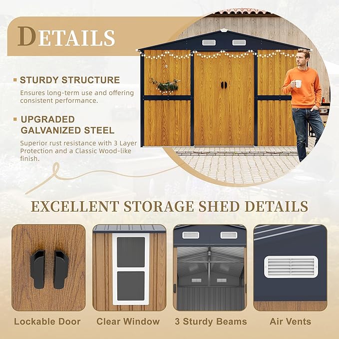 KEIKI 10x12 FT Outdoor Metal Storage Shed with Lockable Doors, Windows, and Ventilation, Garden Shed for Backyard, Patio, or Tool Storage, Yellow