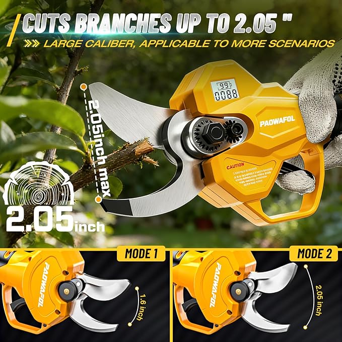 2.05"/ 53mm Electric Pruning Shears, Cordless Electric Scissors LCD Display＆SK7 Blades, 21V Brushless Motor Branch Cutter with 2 PCS Rechargeable 2000mAh Batteries & 2 Blades (Yellow)