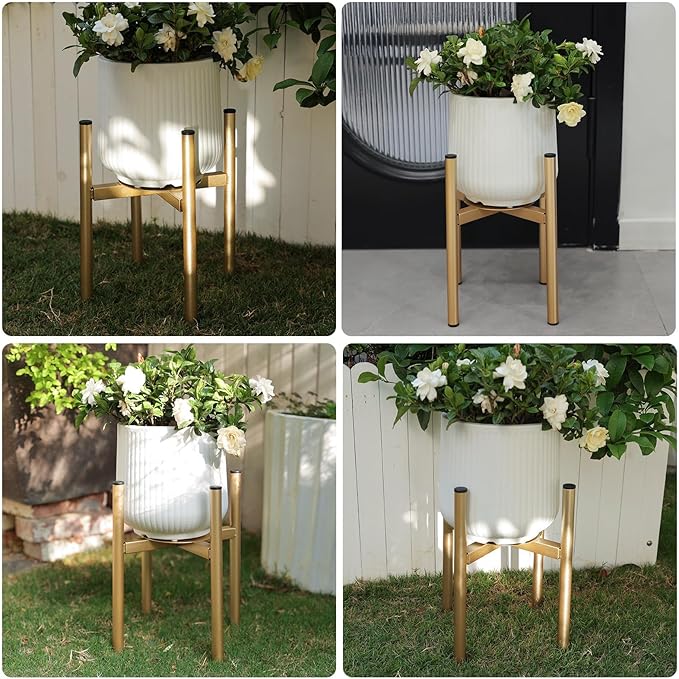 Adjustable Metal Plant Stand Indoor, Fits 8-14 Inch Pots, Mid Century Modern Gold Planter Holder,2 Heights, Heavy Duty 160 lb, Indoor Outdoor Corner Floor Pot Stand, Golden