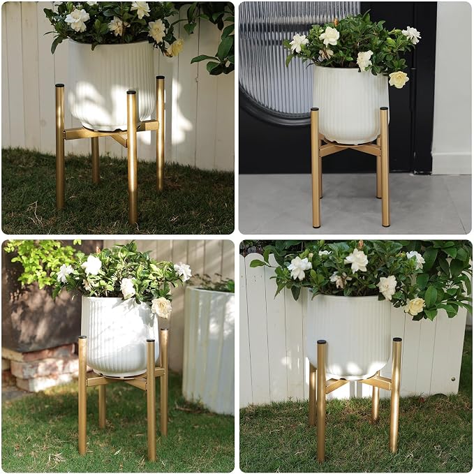 Adjustable Metal Plant Stand Indoor, Fits 8-14 Inch Pots, Mid Century Modern Gold Planter Holder,2 Heights, Heavy Duty 160 lb, Indoor Outdoor Corner Floor Pot Stand, Golden with Round Plate
