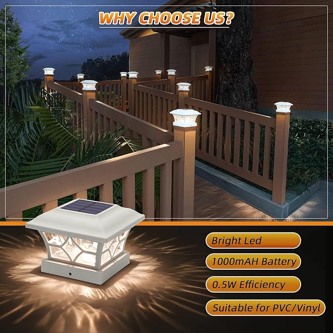 APONUO Solar Post Cap Lights 16 Pack with 1000mAh Battery - for 4x4 5x5 6x6 Fences, Larger Size & Longer Lasting, 2-Mode, IP64 Waterproof, for Deck Patio Yard (White)