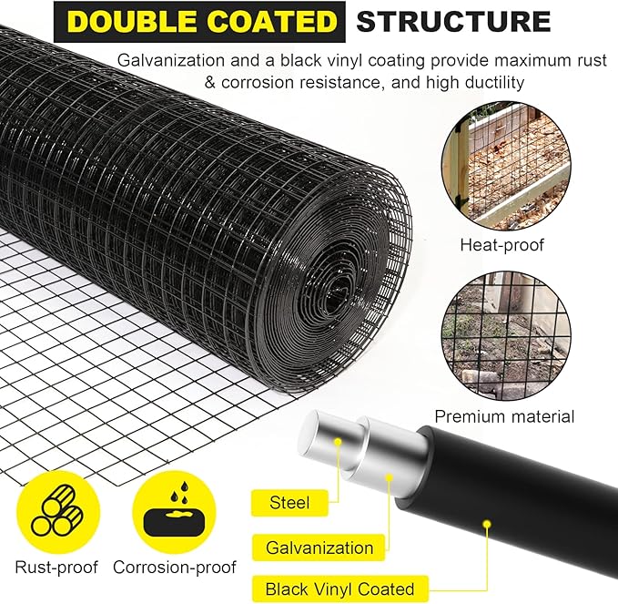 36'' x 50' 1/2inch Hardware Cloth 19 Gauge Black Vinyl Coated Welded Fence Mesh for Home and Garden Fence and Home Improvement Project