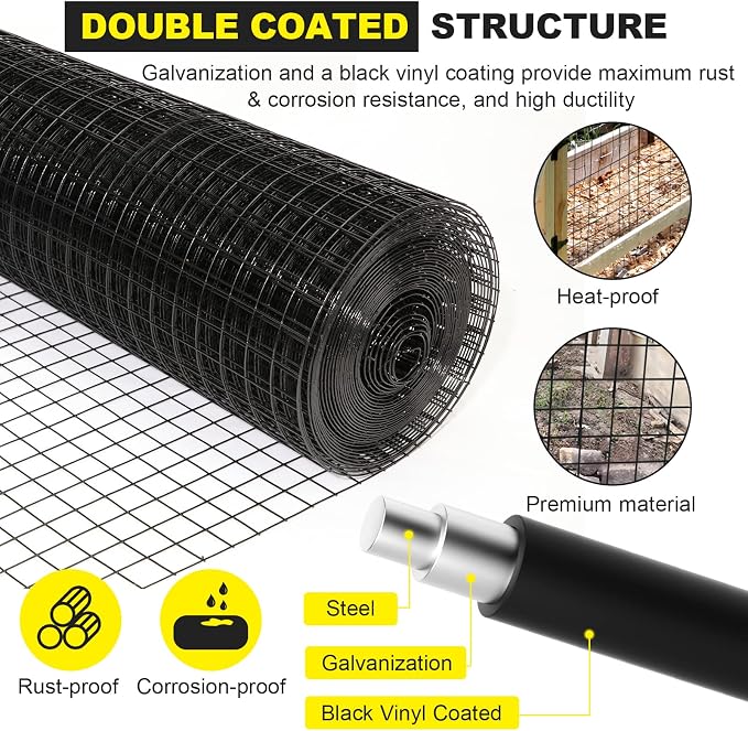 24'' x 50' 1/2inch Hardware Cloth 16 Gauge Black Vinyl Coated Welded Fence Mesh for Home and Garden Fence and Home Improvement Project