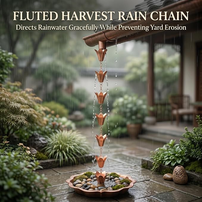 Topadorn 7.8FT Pure Copper Rain Chain with 11 Lily Cups, Decorative Downspout Water Diverter, Adjustable Outdoor Garden Patio Porch Water Feature