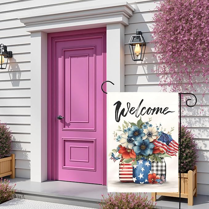 Patriotic Fourth of July Garden Flag Welcome Red White and Blue Mason Jar Flowers Yard Flags American Flag Floral Farmhouse Outdoor for Independence Day Memorial Day Veterans Day 12x18 Inch