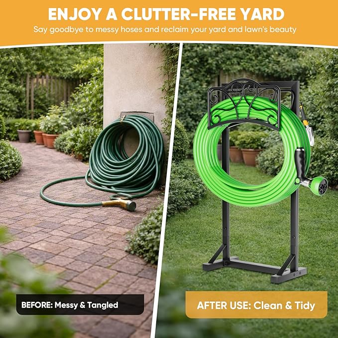 Heavy-Duty Garden Hose Holder with Tool Hooks and Stable Base, XEAPOMS Metal Hose Hanger Garden Hose Storage Holds 160Ft, Rustproof Freestanding Water Hose Holder for Outside, Yard, Lawn, Farm