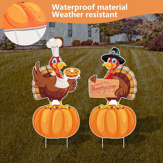 Large Thanksgiving Yard Signs 2pc with Stakes Happy Thanksgiving Decorations Outdoor Turkey Pumpkins Harvest Garden Wall Porch Signs Seasonal Holiday Party Supplies Lawn Yard Decorations