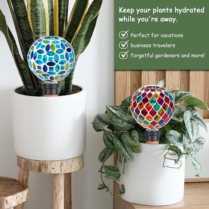 Plant Watering Spikes Mosaic Self Watering Globes 2 Pack Large Self Watering Planter Insert Automatic Watering Bulbs for Outdoor Plants