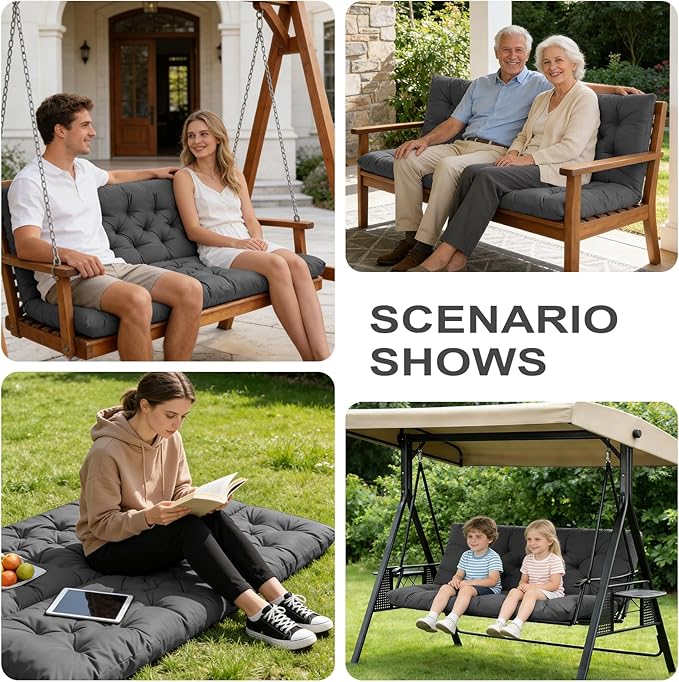 Porch Swing Cushions,Outdoor Cushions 3 Seater Replacement with Backrest, Waterproof Thickened Bench Cushion with Ties for Porch, Patio,Outdoor, Backyard and Garden(Dark Gray 60 * 40 in)