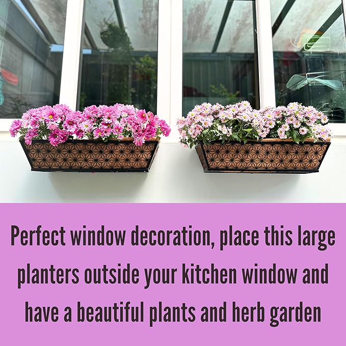 LaLaGreen Window Boxes Planter for Outdoor Plants (4 Pack, 24 Inch) Black Metal Rectangular Flower Pot Wall Planters with Coco Liner, Modern Stylish Horse Trough Railing Deck Rail Fence Balcony Patio