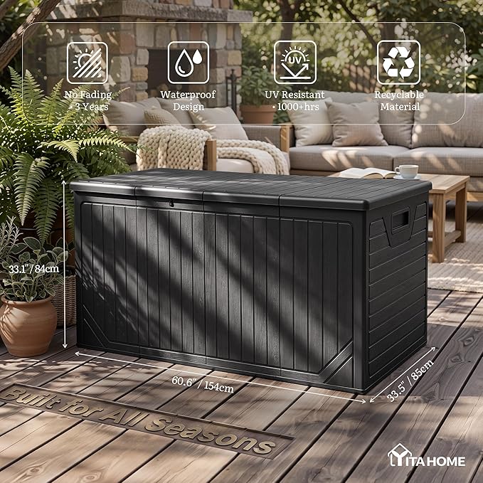 YITAHOME XXL 300 Gallon Extra Large Outdoor Deck Box, Lockable Resin Double-Wall Storage Box and Waterproof Patio Furniture Bin for Garden Tools & Pool Accessories, Black