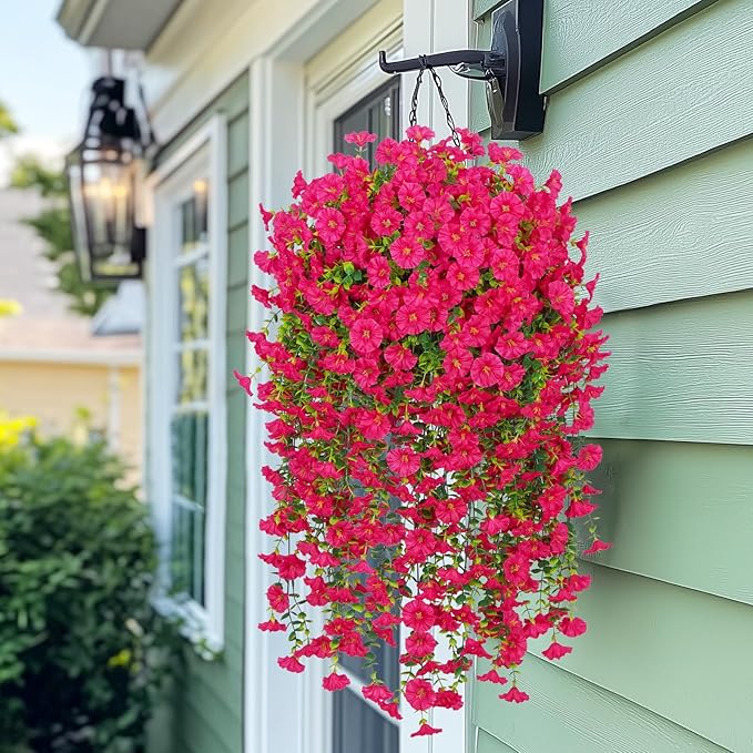 MARTINE MALL 8 Pcs Look Real Artificial Flowers for Outdoors, Realistic Artificial Hanging Flowers for Outdoors, UV Resistant Fake Hanging Plants Silk Petunia Faux Flowers for Porch Patio, Rose Red
