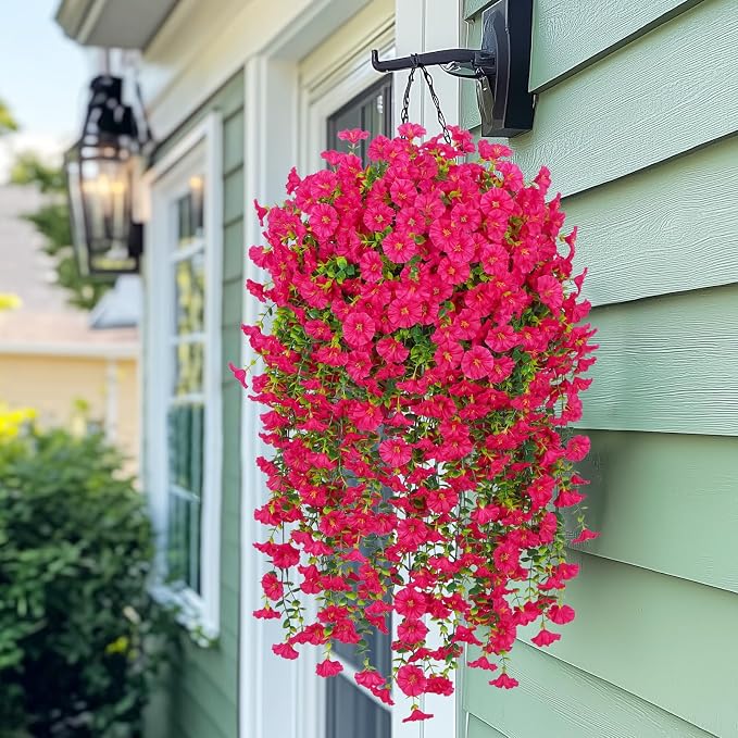 MARTINE MALL 2 Pcs Look Real Artificial Flowers for Outdoors, Realistic Artificial Hanging Flowers for Outdoors, UV Resistant Fake Hanging Plants Silk Petunia Faux Flowers for Porch Patio, Rose Red