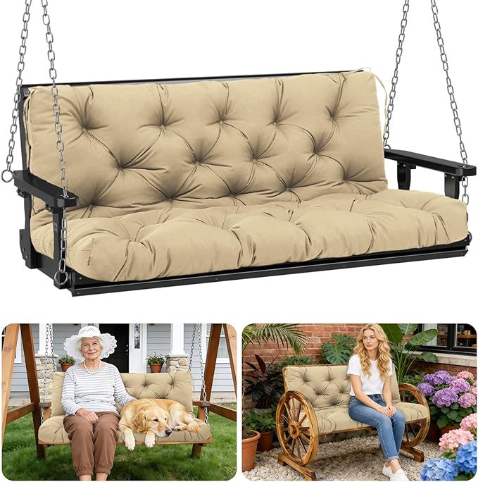 Porch Swing Cushions Outdoor 70 inch x 40 Waterproof Swing Cushions 3 Seater Replacement with Backrest & 8 Ties 5" Thick Bench Swing Cushions for Outdoor Furniture Patio(Khaki)