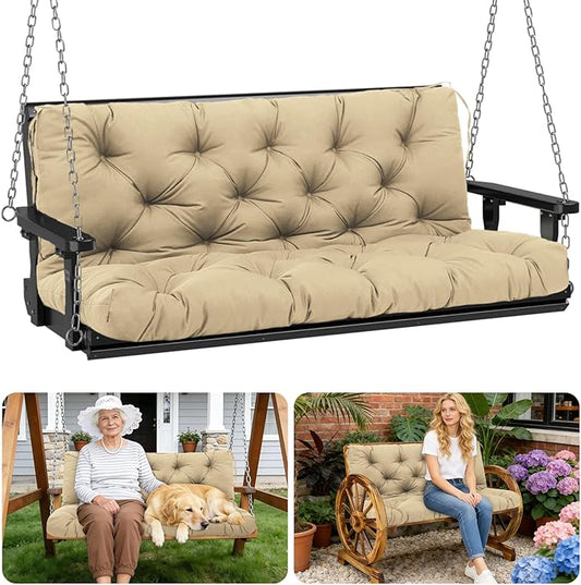 Porch Swing Cushions Outdoor 40 inch x 40 Waterproof Swing Cushions 3 Seater Replacement with Backrest & 8 Ties 5" Thick Bench Swing Cushions for Outdoor Furniture Patio(Khaki)