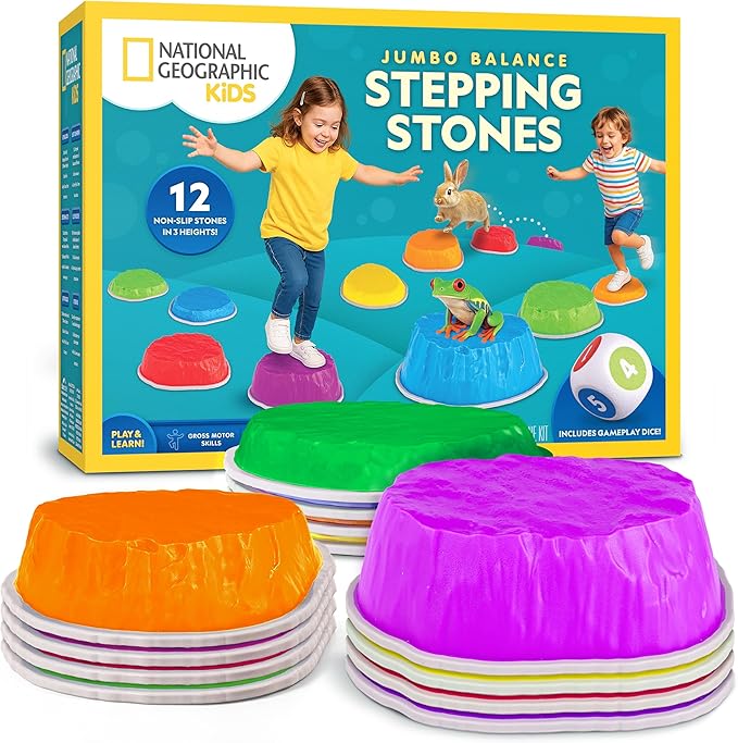 National Geographic Kids Jumbo Balance Stepping Stones – 12 Non-Slip Stepping Stones in 3 Heights with Foam Dice & Play & Learn Cards, Indoor & Outdoor Obstacle Course for Kids Ages 3+