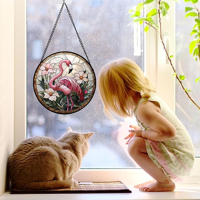 DASTOLL Stained Glass Window Hanging, Flamingo Flower Sun Catchers Diamond Glass Panel Hangings Pink Suncatcher Decor for Birthday for Women, Men, Wife, Aunt, and Mom 7.8 in