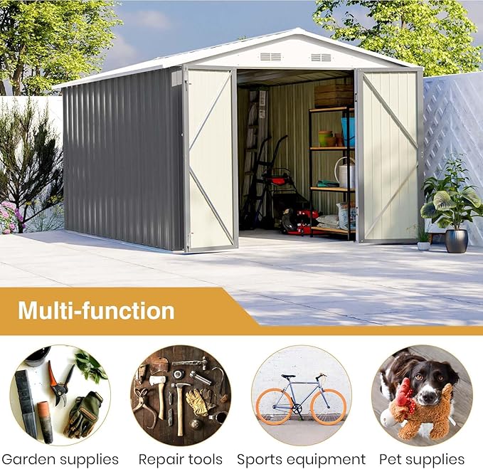 Patiowell 12 x 8 FT Outdoor Storage Shed, Large Metal Shed Storage with Lockable Doors and Steel Frame, Utility Tool Outside Storage Shed for Garden, Patio, Backyard, Gray