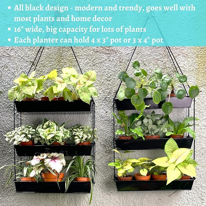LaLaGreen Bundle- 1 Pack, 3-Tier Hanging Metal Planter + 10 Pack, 4 Inch Black Metal Pot Wall Mounted Modern Indoor Flower Herb Plant Holder Rail Deck Fence Balcony Outdoor Box Garden Home Patio Decor