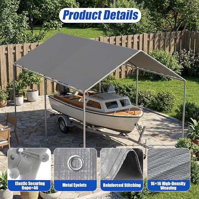 10x20Ft Carport Replacement Canopy Cover, Heavy Duty Waterproof Garage Top Shelter Cover Car Canopy with Ball Bungees,Gray(Frame Not Include)