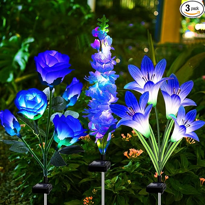 MRHEPHAESTUS Solar Garden Lights Waterproof, 3 Pack Solar Flowers Lights Includes Lily Rose Delphinium, Gardening Gifts for Mom Grandma Women,7-Color Changing Outdoor Decor for Garden Yard Patio Lawn