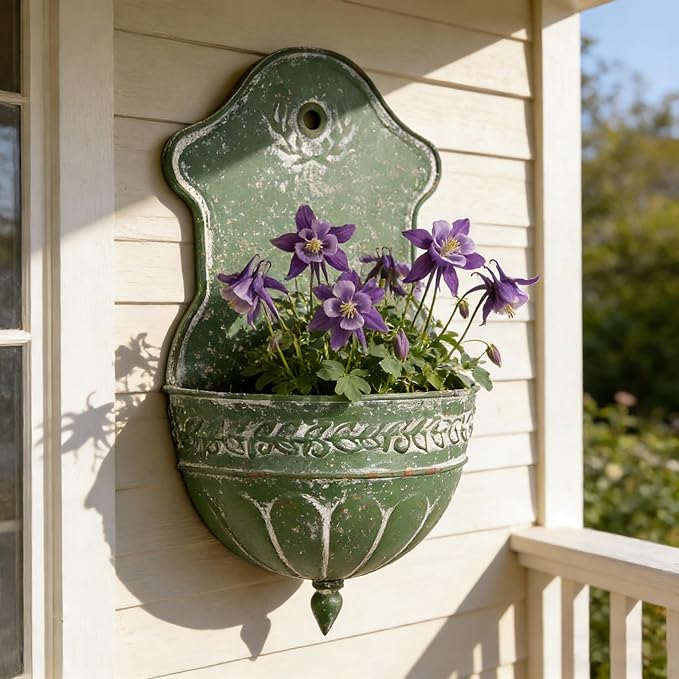 Vintage Distressed Green Metal Wall Planter, Rustic Hanging Pocket Planter with Scrollwork & Scalloped Design, Farmhouse Wall Decor for Indoor & Covered Outdoor Garden, Porch & Entryway