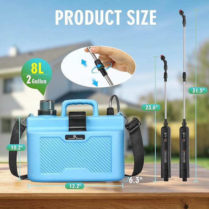 2 Gallon Battery Powered Sprayer, Upgrade Electric Garden Sprayer with 4 Types of Nozzles, 3-Level Adjustable Speeds, Retractable Wand and Adjustable Shoulder Strap for Lawn, Garden and Yard