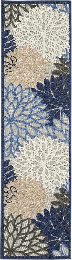 Nourison Home Aloha Indoor/Outdoor Blue/Multicolor 2'3" x 8' Area Rug, Tropical, Botanical, Easy Cleaning, Non Shedding, Bed Room, Living Room, Dining Room, Deck, Backyard, Patio (2x8)