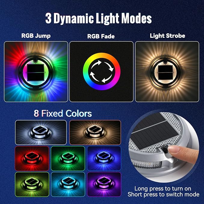 Solar Driveway Lights Outdoor 4 Pack, RGB Colors Solar Deck Dock Lights Outdoor Waterproof IP68, 3 Dynamic Light Modes, Driveway Marker for Warning Stair, Boat Dock, Step, Walkway, Patio Decor