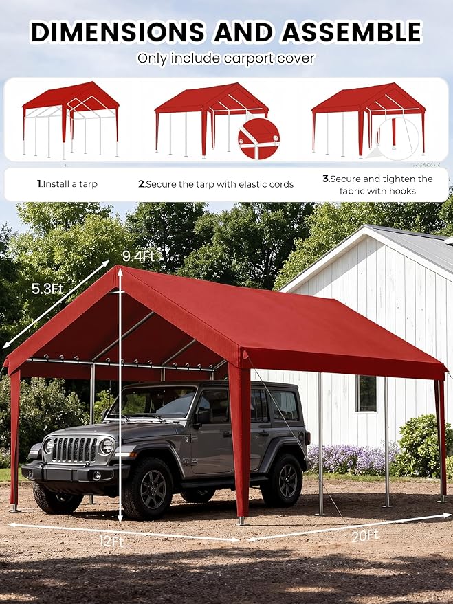 12 x 20 Ft Carport Replacement Cover, Heavy Duty Outdoor Car Tarp Canopy, Waterproof & UV Protected Tear Oxford Tarp with Ball Bungees (Frame is Not Included)
