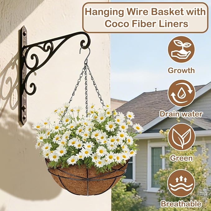 6 Pack 12 inch Metal Hanging Baskets for Plants Outdoor Metal Wire Hanging Basket Planter with Coco Fiber Liners Flower Pots for Home Porch Garden Patio, Diamond-Shaped