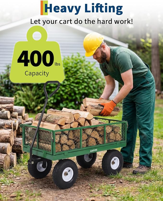 Garvee Versatile Outdoor Utility Cart - 400LBS Heavy-Duty, 10" All-Terrain Pneumatic Tires, Easy Maneuverable Lawn Cart with Removable Mesh Panels for Gardening & Landscaping, Green