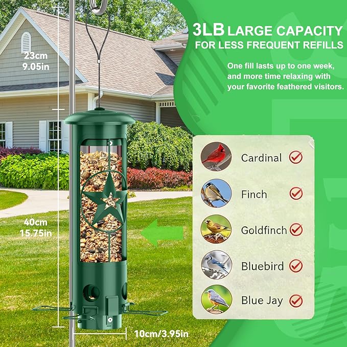 Squirrel Proof Bird Feeders for Outdoors Hanging, Metal Squirrel Proof Bird Feeder with Gravity Protection, 3LB Large Capacity Wild Bird Feeders for Outside Finch, Cardinal, Blue Jay (Green)