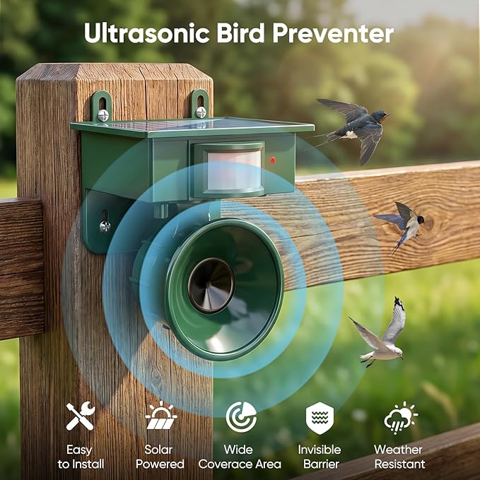 2026 Solar Ultrasonic Bird Repellent Devices Outdoor, Waterproof Solar Woodpecker Deterrent for Yard, Garden, Balcony & House, ultrasonic pest Repeller Motion with Bird Control System