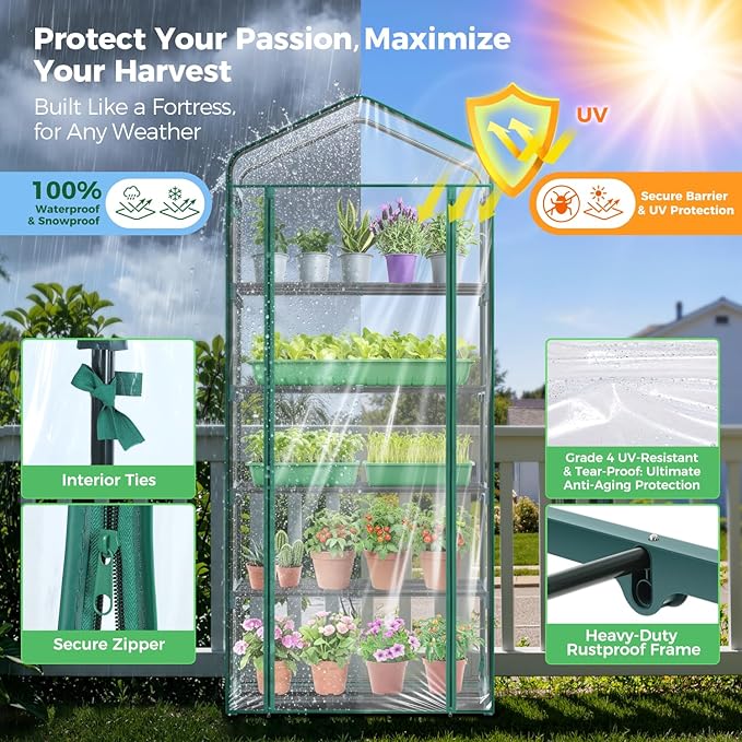 Mini Greenhouse for Outdoors Indoor: Ohuhu Small Plants Green House with 5 Tier Shelves, Portable Plastic Greenhouses with Heavy Duty Transparent PVC Cover for Garden Patio Backyard Porch Balcony
