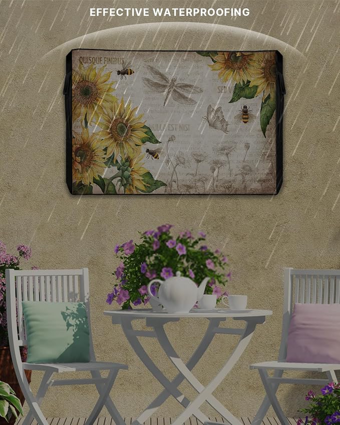 Retro Farmhouse Outdoor TV Cover Fit 40-43" Size, Weatherproof, Waterproof Oxford Cloth TV Enclosure with Sunflowers & Honey Bee Vintage Background