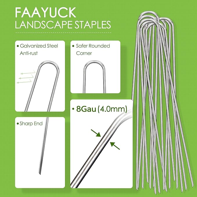 8 Inch Landscape Staples, 12/25/50/100 Pack Galvanized Garden Stakes, Heavy Duty 8 Gauge U-Shaped Ground Stakes for Weed Barrier Fabric, Irrigation Tubing, Fence, Outdoor Decorations