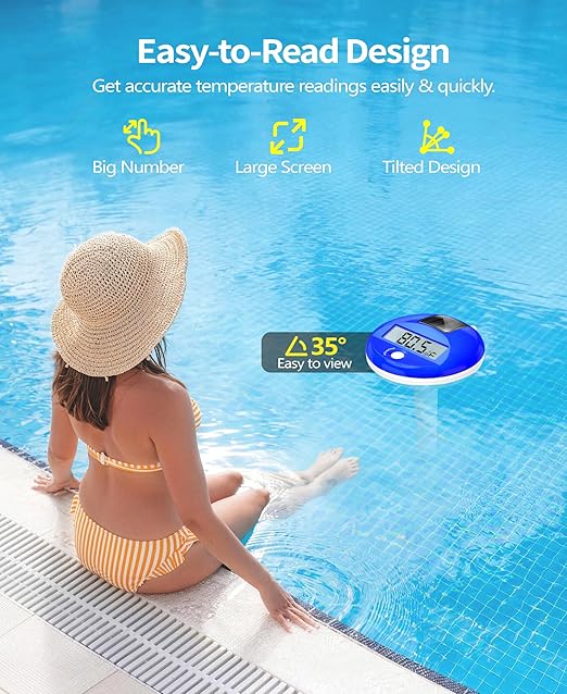 Sinbyuer 2026 Solar Digital Pool Thermometer with Rope | Easy Read Large LCD Display & Big Numbers Floating Pool Thermometer | High Precision & IP68 Waterproof Pools Temperature Gauge for Hot Tub, Spa
