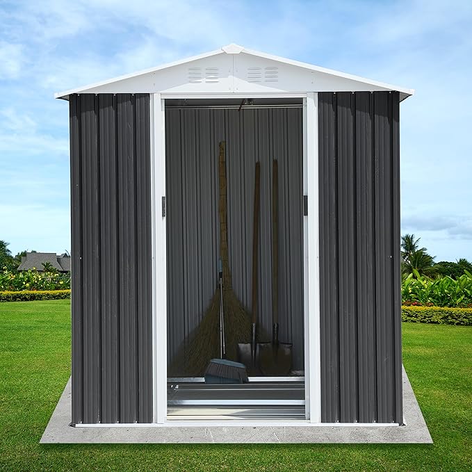 YOPTO 6x9FT Outdoor Storage Shed,Waterproof Metal Cabinet with Apex Roof and Lockable,Storage Sheds House Shelter w/Vents,Tool House for Storing Bicycles,Lawnmowers,Grey